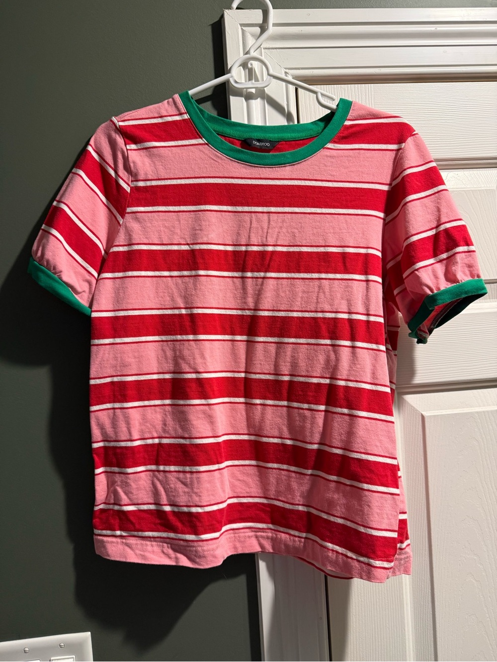 Striped Short-Sleeve Tee in Pink, Red & Green Trim